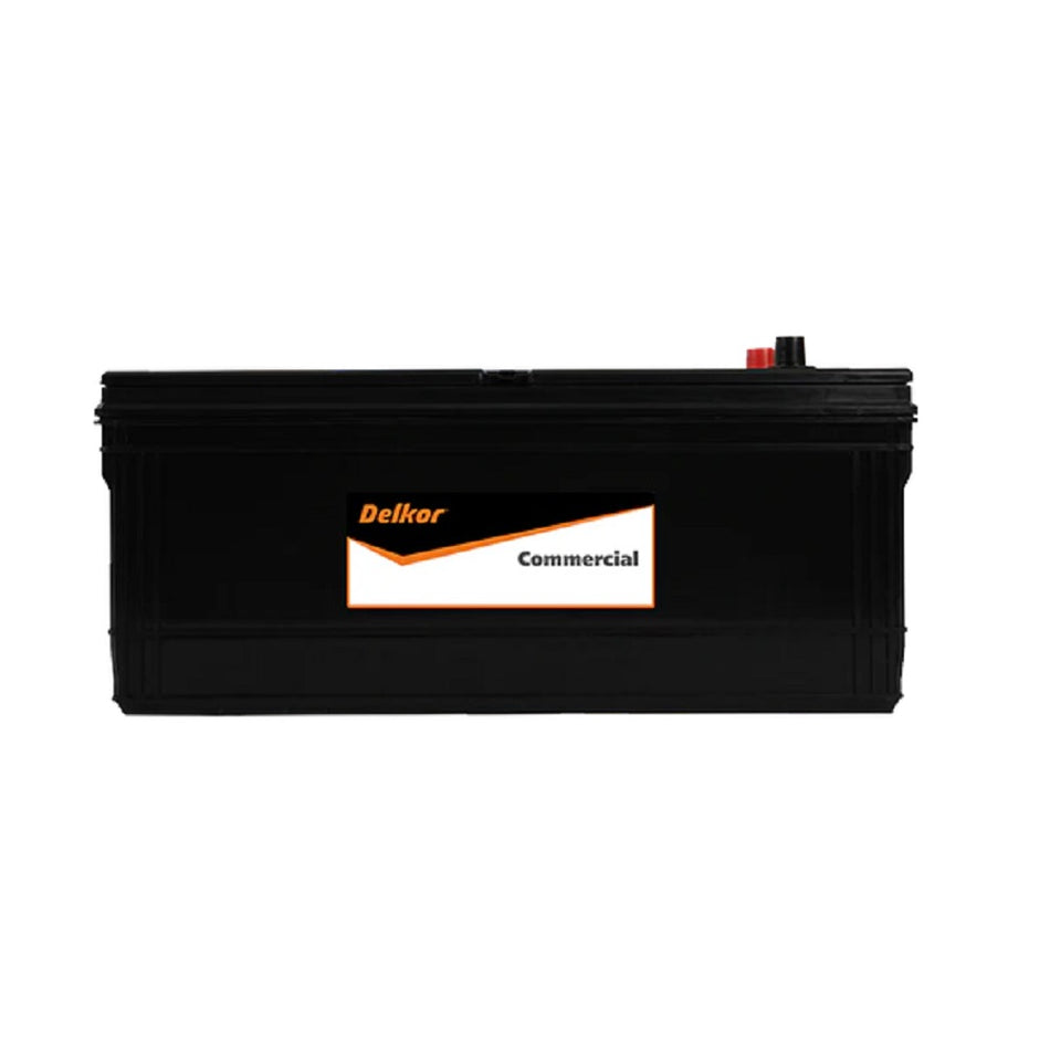 Delkor Battery Commercial CAL 12V 1050CCA-N150HD. Front view of black battery with orange Delkor logo on black, white and orange label.