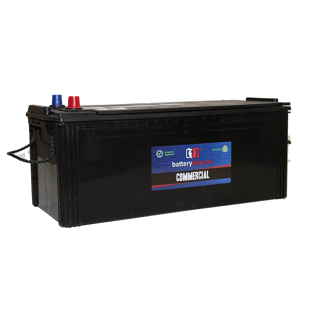 Batteryshop.nz Heavy Duty Battery Commercial  CAL 12V 950CCA.  Angled view showing label and terminals.