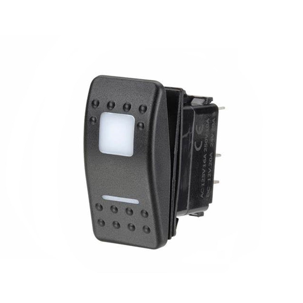 Narva Switch - Rocker On/Off/On - Red 12/24V LED-N63168BL. Front view of black switch with LED light panel.