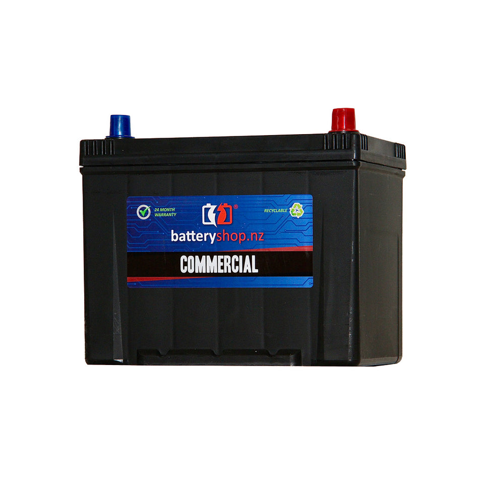 Batteryshop.nz Heavy Duty Battery  Commercial CAL 12V 640CCA.  Angled view showing label and terminals.