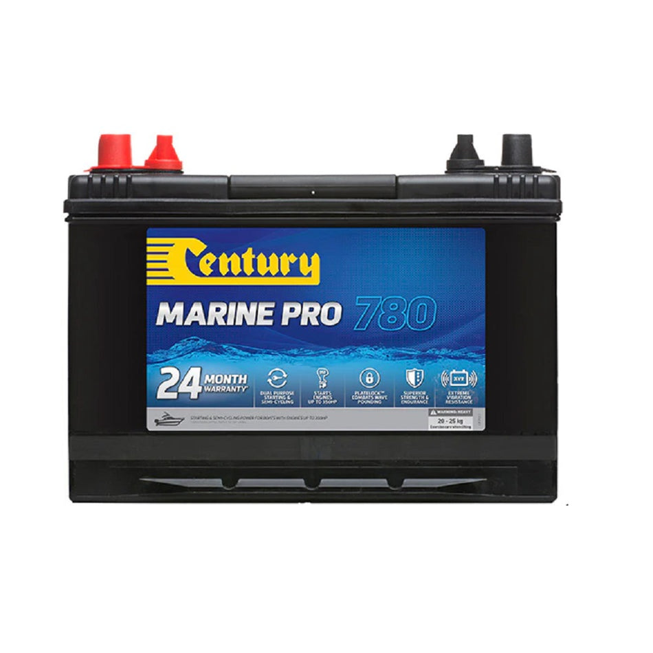 Century Battery Marine CAL 12V 720CCA-N70ZMMF. Front view of black battery with yellow Century logo on blue label on front.