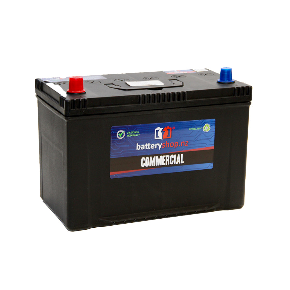 Batteryshop.nz Heavy Duty Battery Commercial CAL 12V 640CCA.  Angled view showing label and terminals.