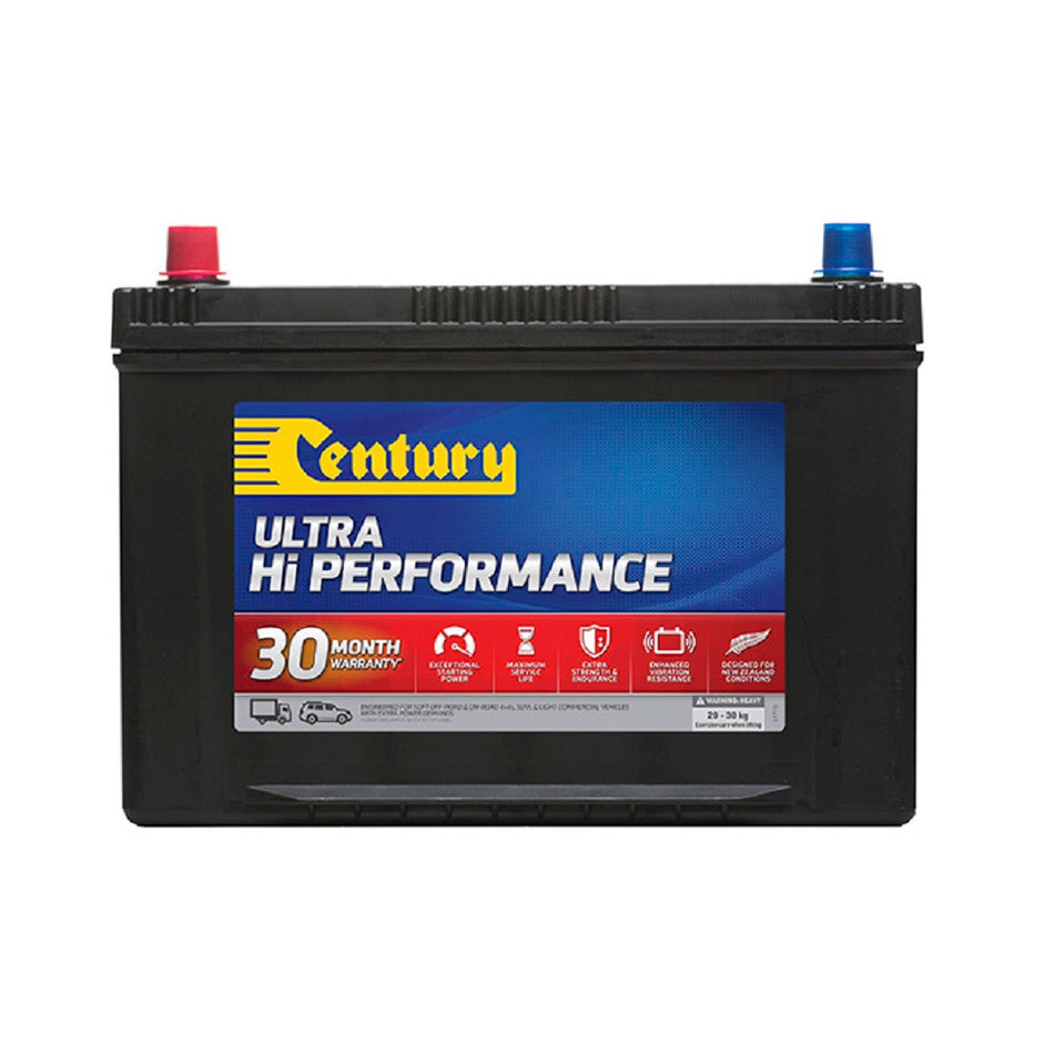 Century Commercial Battery CAL 12V 730CCA-N70ZZXMF. Front view of black battery with yellow Century logo on blue and red label on front.