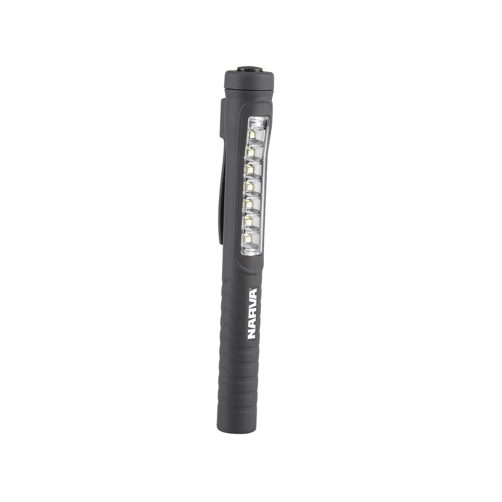 Narva Inspection Light - Pocket LED-N71300. Front view of slim black light with 7 LEDs for floodlight at the top and the Narva logo underneath.