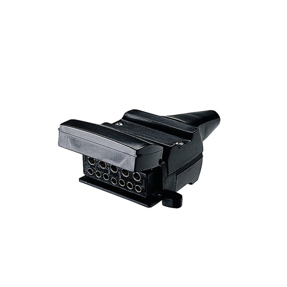 Narva 12 Pin Socket Flat Closed Switch-N82073BL. Front view of black socket with the front open to see the terminals.