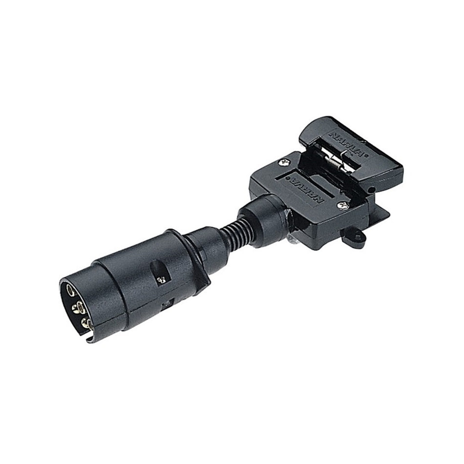 Narva Round to Flat 7 pin Trailer Adaptor-N82235BL. Side View of black adaptor from round at the front to flat.