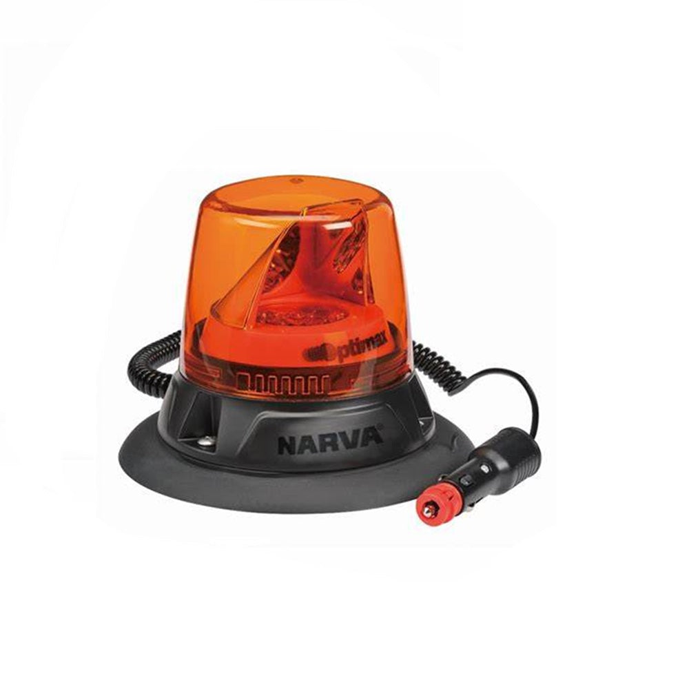 Narva LED Rotating Beacon Magnetic Mount-N85668A. Front view of amber beacon with black base and spiral cable with cigarette plug.