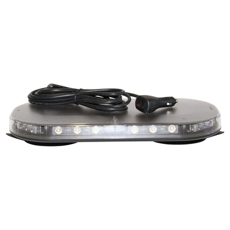 Magnetic LED Mini Light bar 12-24V Clear-NIC-BL200MC. Side view of LED light bar with dual button cigarette and lighter cord sitting on top.