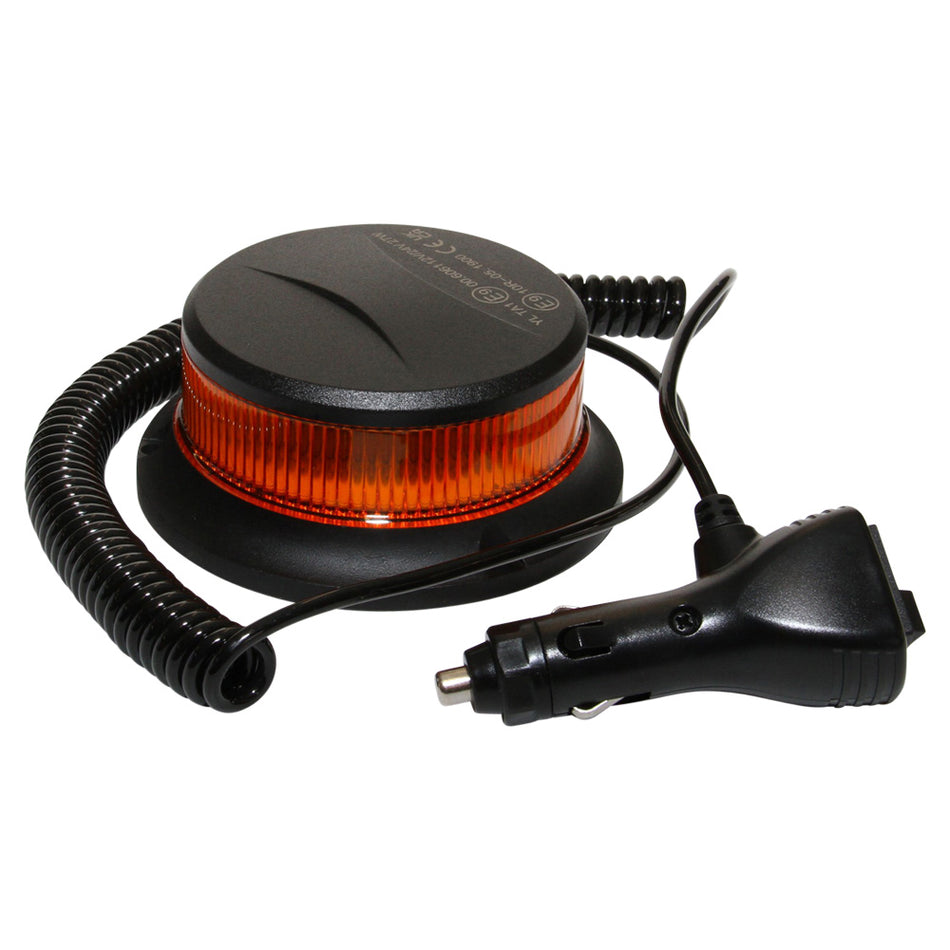 Mini LED Beacon, Amber, Magnet-NIC-BL27MG. Front view of mini beacon with black base and top and cigarette lighter plug and cable.