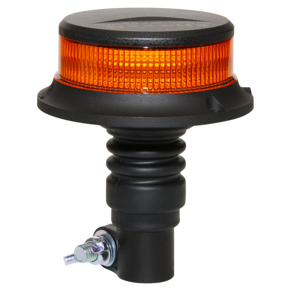 Mini LED Beacon, Din Pole Mount-NIC-BL27PM. Front view of LED beacon with black top and black pole mount with bolt on the bottom.