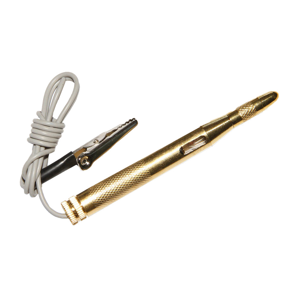 Automotive Circuit Tester Copper Plated-NIC-BT002. Front view of copper coloured circuit tester with cable and clip attached.