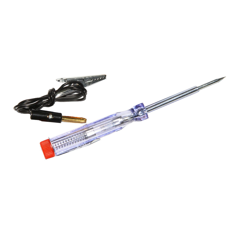 Automotive Circuit Tester-NIC-BT016. Front view of clear plastic tester with cable and clip beside it.