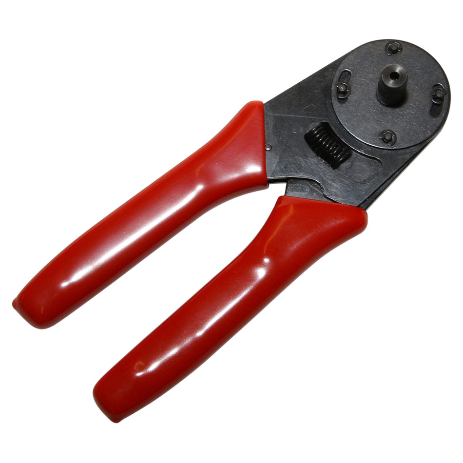 Crimp Tool Deutsch Size 16-NIC-DT16. Front view of black metal tool with red handles.