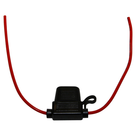 In-Line Fuse Holder for STD Blade Fuse-NIC-FH017-03. Front view of black fuse holder with red cable at each end.