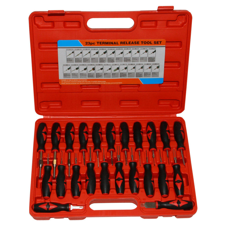 Universal Terminal Release Tool Kit 23pc-NIC-TRT23. Front view of open kit with the tools on the bottom and the tools descriptions on the top.