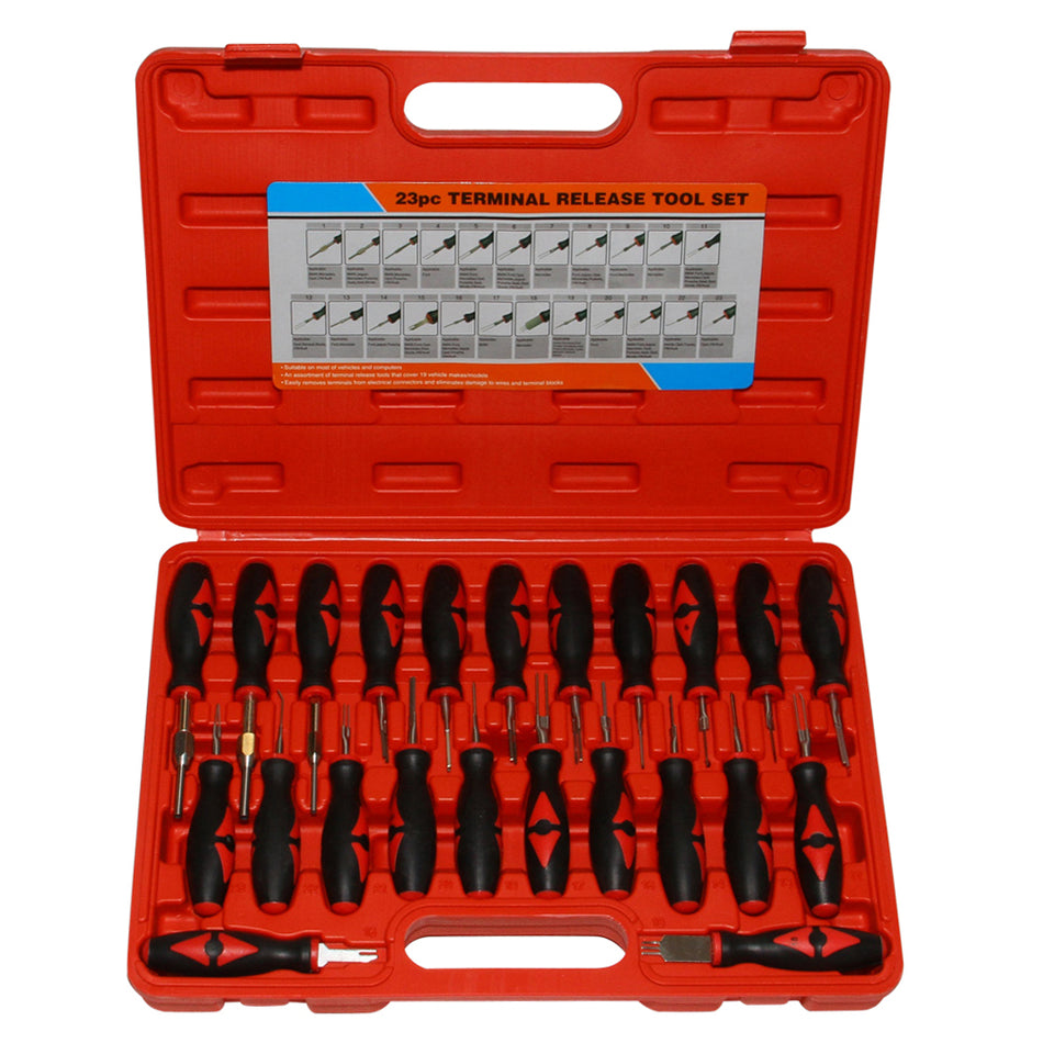 Universal Terminal Release Tool kit 23pc-NIC-TRT23. Front view of open red plastic kit with the tools on the bottom and the descriptions on the top.