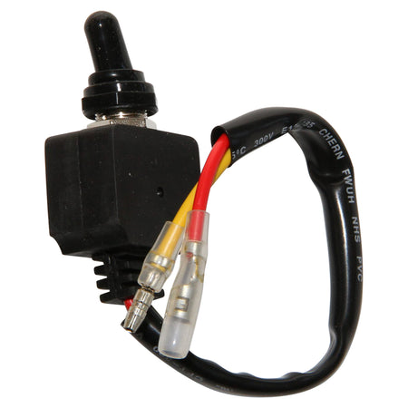 Waterproof Toggle Switch On-Off-NIC-TS015-40. Front view of black switch with black rubber boot and PVC covered cable and terminals.