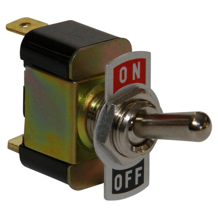 Toggle Switch 2P On-Off-NIC-TS065. Front view of toggle switch showing the on/off plate and toggle facing outwards.