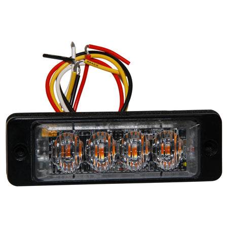 LED Amber Warning Light-NIC-WA4X3. Front view of warning light with black surround with wires at the back.