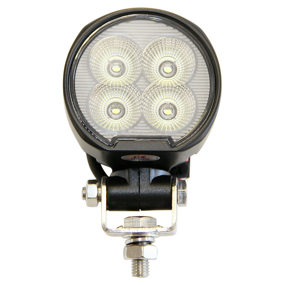 LED 40W 320LM Round Work Light-NIC-WL0701-40. Front view of LED work light with black surround and base and silver metal bracket on base.