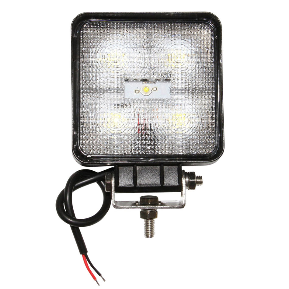 LED Work Light, 15W 10-30V Square-NIC-WL15WS. Front view of LED light with black surround and base and silver metal bracket on base