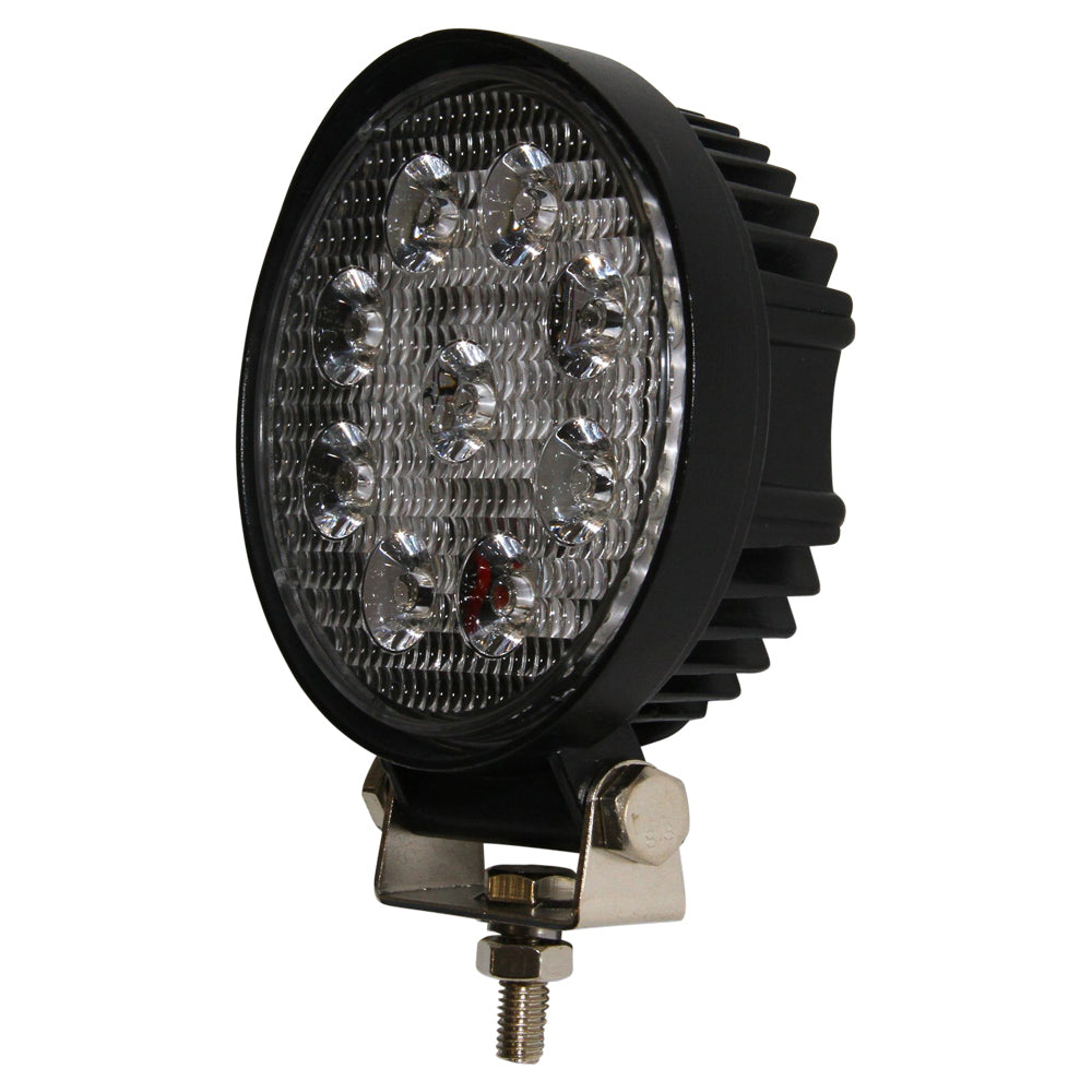 LED Work Lamp, 27W 0-30V Round-NIC-WL27WR. Side view of round LED lamp showing black surround and base and silver metal bracket on the base.