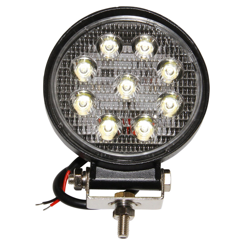 LED Work Lamp, 27W 10-30 Round-NICC-WL27WR. Front view of round LED lamp with black surround and base and silver bracket on the base.