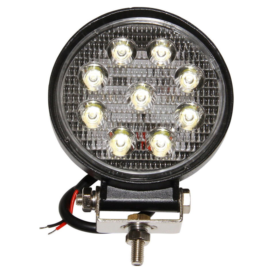 LED Work Lamp, 27W 10-30 Round-NICC-WL27WR. Front view of round LED lamp with black surround and base and silver bracket on the base.