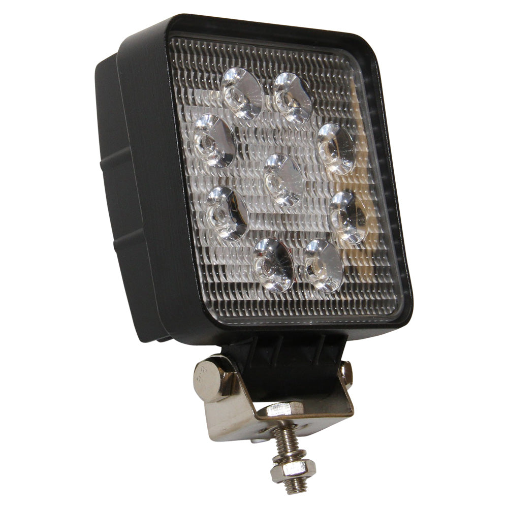 LED Work Lamp, 27W 10-30V Square-NIC-W27WS. Side view of square lamp with black surround and base and silver metal bracket on the base.