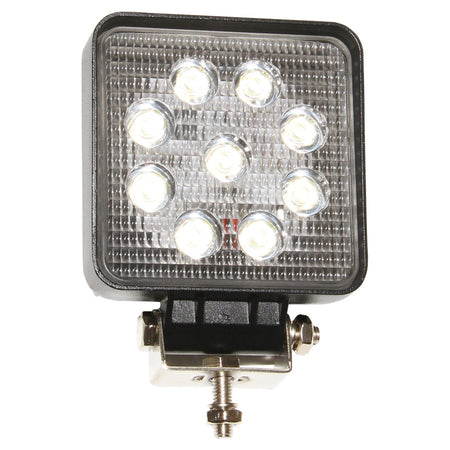 LED Work Lamp, 27W 10-30V Square-NIC-WL27WS. Front view of square LED with black surround and base and silver metal bracket on the base.