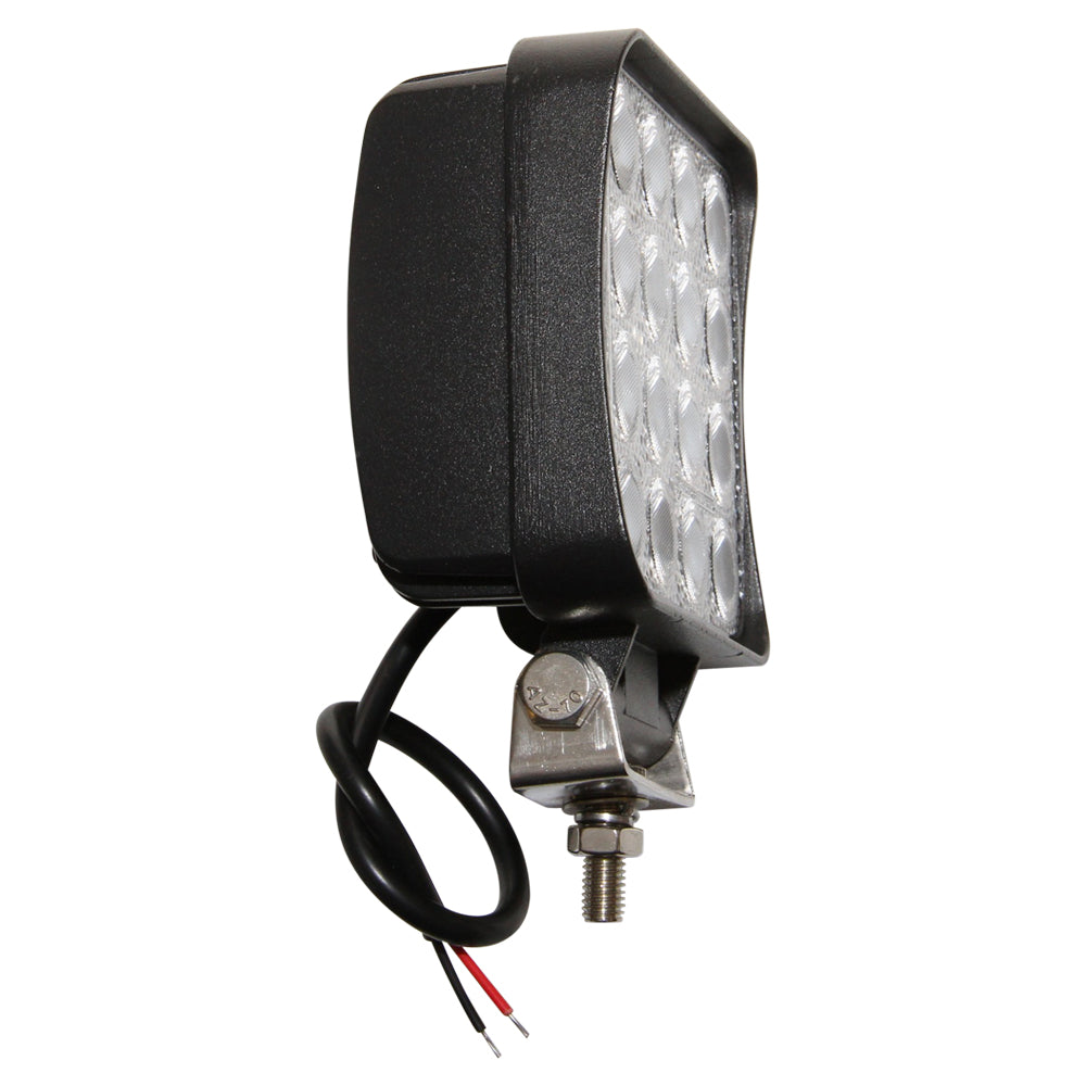 LED Work Light 48W 10-30V Square-NIC-WL48WS-02. Side view of LED light with black surround and base and silver metal bracket attached to the base.