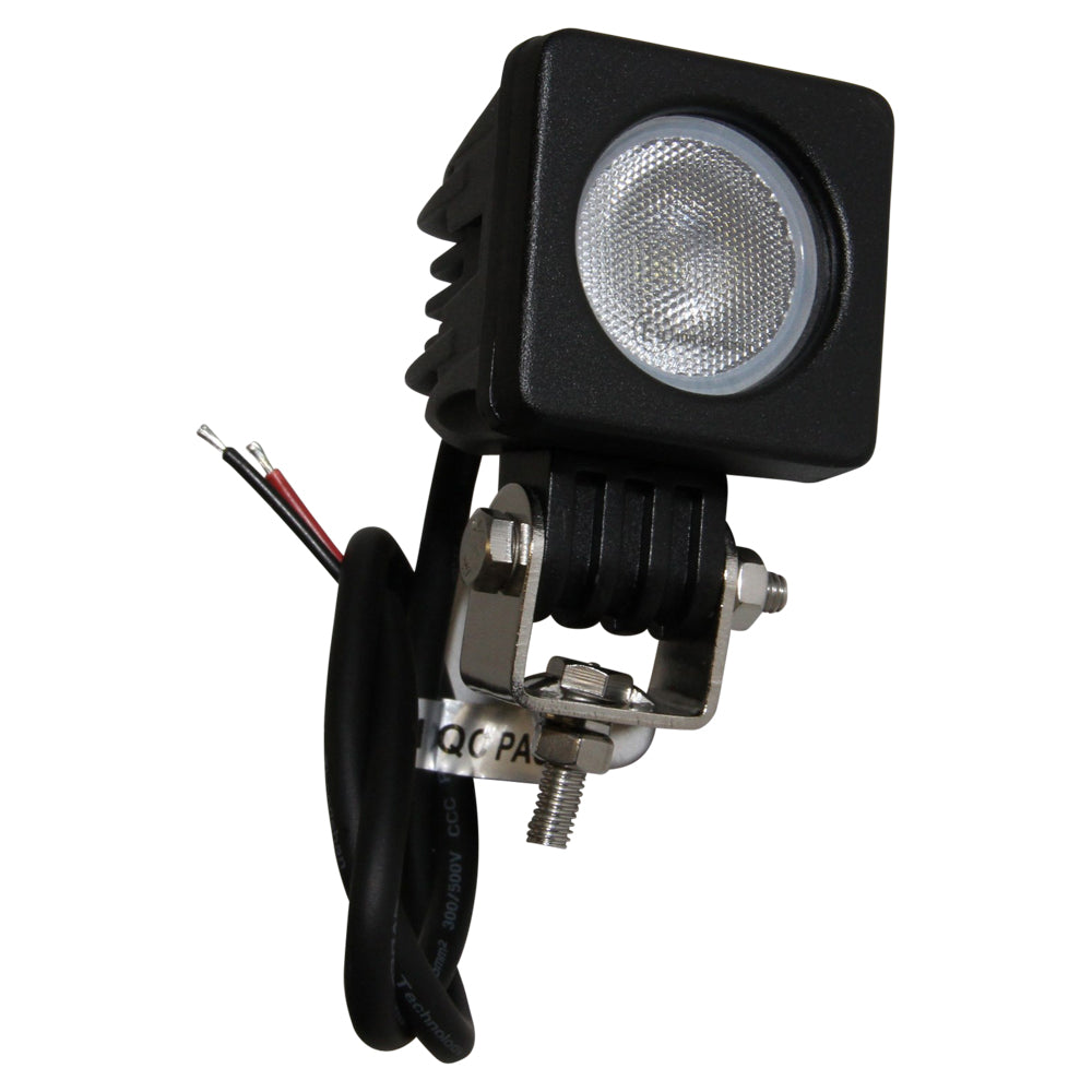 LED 10W 850LM Square Work light-NIC-WL6008. Front view of LED light with black surround and base and silver bracket on base.