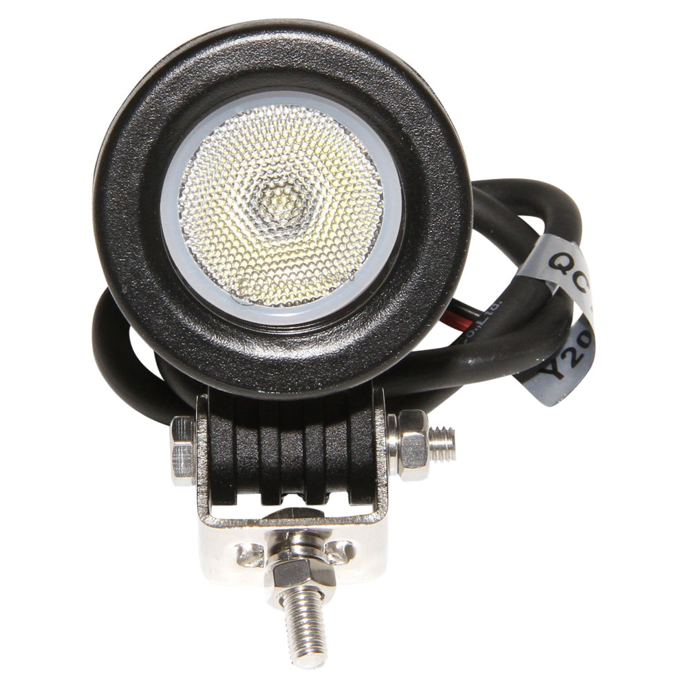 LED 10W 850LM Round Work light-NIC-WL6009. Front view of LED work light with black surround and base and silver metal bracket at base.