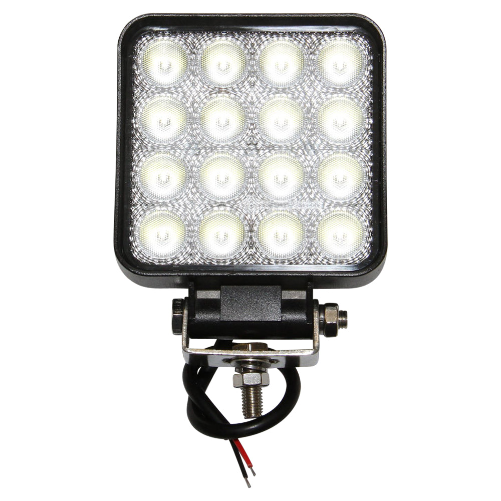 LED Work Light,48W 10-30V Square-NIC-WL48WS. Front view of square LED light with black surround and base with silver metal bracket attached to the base.