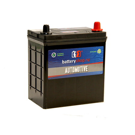 Batteryshop.nz Heavy Duty Battery Automotive CAL 12V 330CCA.  Angled view showing label and terminals. 