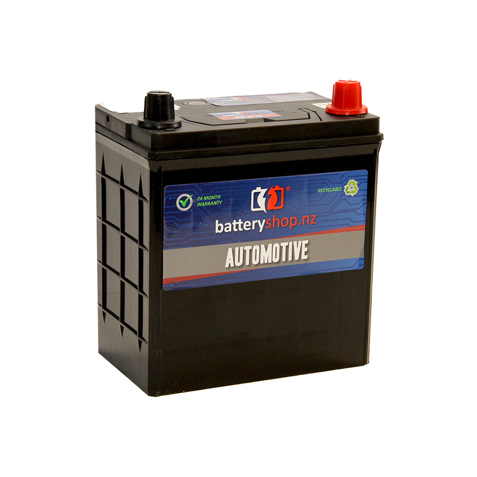 Batteryshop.nz Heavy Duty Automotive Battery CAL 12V 330CCA.  Angled view showing label and terminals.