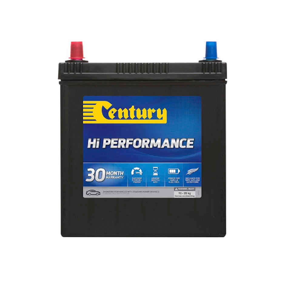 Century Battery Automotive CAL 12V 330CCA-NS40ZMF. Front view of black battery with yellow Century logo on blue label on front.