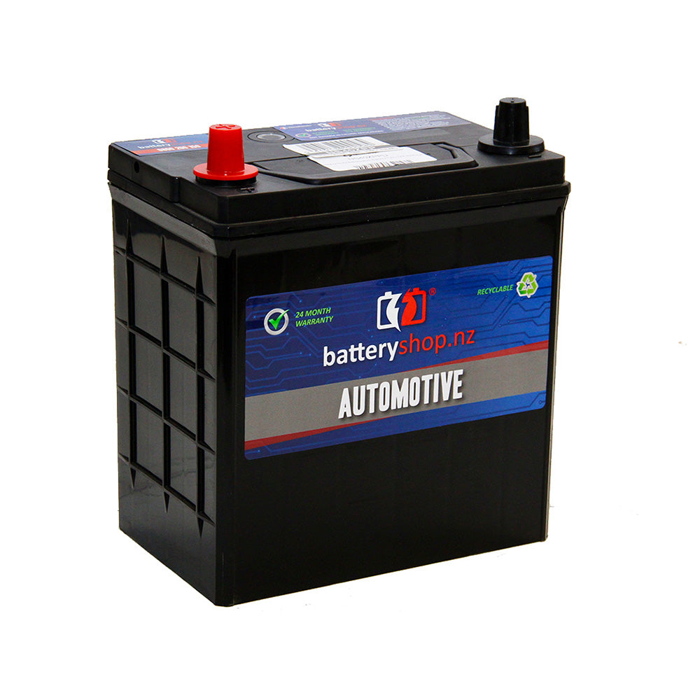 Batteryshop.nz Heavy Duty Automotive Battery CAL 12V 330CCA.  Angled view showing label and terminals.