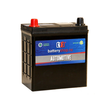 Batteryshop.nz Heavy Duty Automotive Battery CAL 12V 330CCA.  Angled view showing label and terminals.