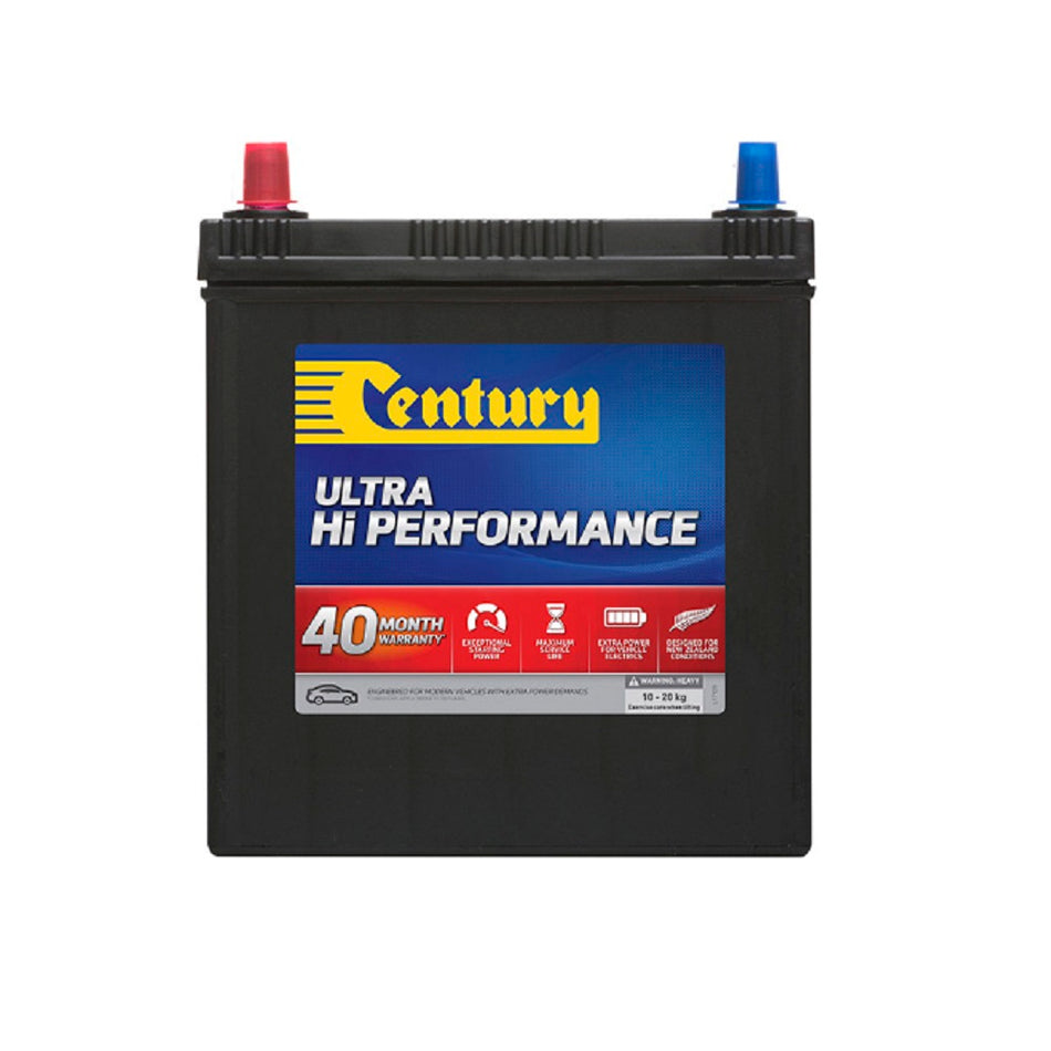 Century Battery Automotive CAL 12V 360CCA-NS40ZXMF. Front view of black battery with yellow Century logo on blue and red label on front.