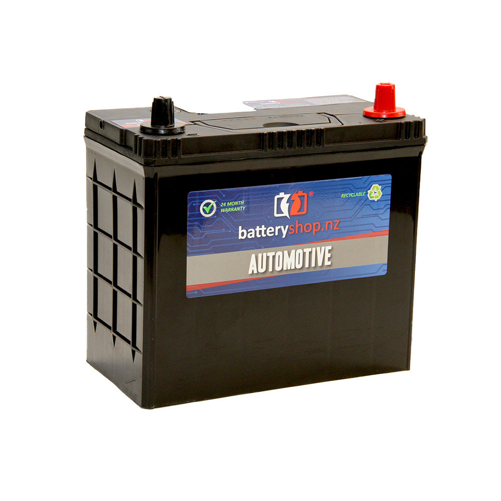 Batteryshop.nz Heavy Duty Automotive Battery CAL 12V 430CCA.  Angled view showing label and terminals.