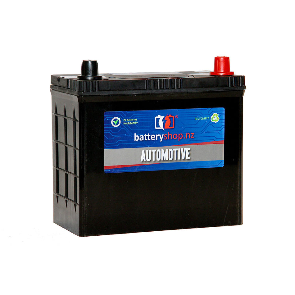 Batteryshop.nz Heavy Duty Automotive Battery CAL 12V 430CCA.  Angled view showing label and terminals. 