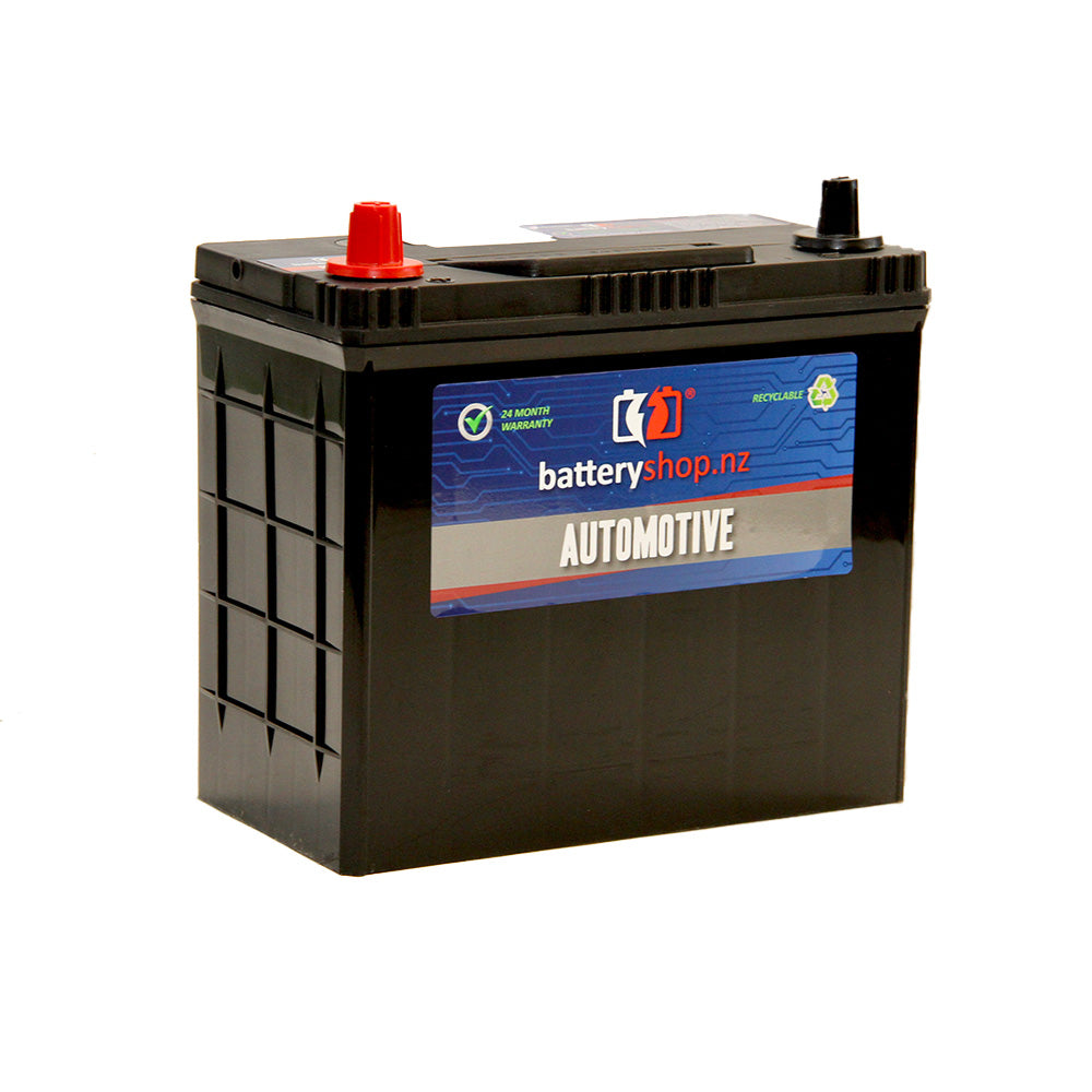 Batteryshop.nz Heavy Duty Automotive Battery CAL 12V 430CCA.  Angled view showing label and terminals.