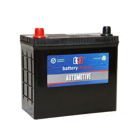 Batteryshop.nz Heavy Duty Battery Automotive CAL 12V 430CCA.  Angled view showing label and terminals.