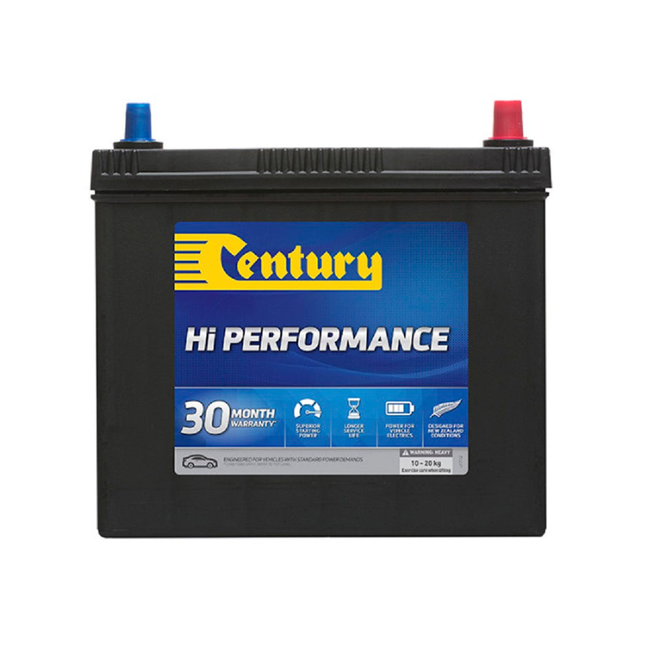 Century Battery Automotive CAL 12V 400CCA-NS60LMF. Front view of black battery with yellow Century logo on blue label on front.