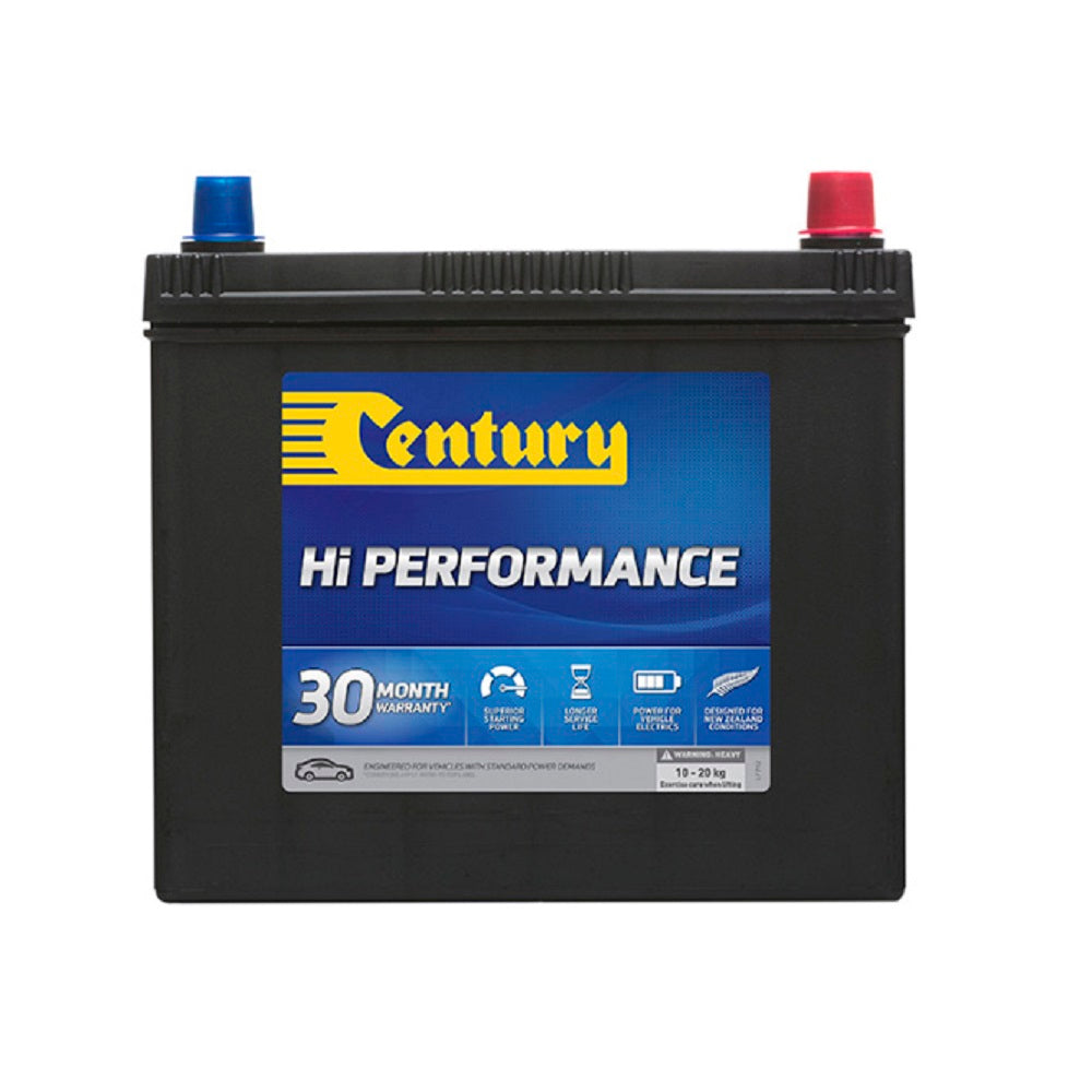 Century Battery Automotive CAL 12V 400CCA-NS60LSMF.  Front view of black battery with yellow Century logo on blue label on front.