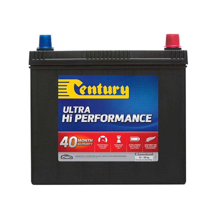 Century Battery Automotive CAL 12V 430CCA-NS60LSXMF. Front view of black battery with yellow Century logo on blue and red label on front.