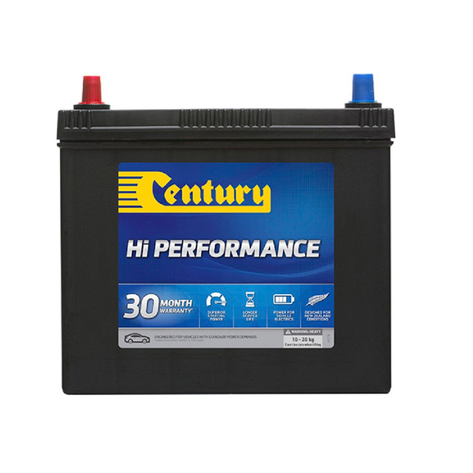 Century Battery Automotive CAL 12V 400CCA-NS60MF. Front view of black battery with yellow Century logo on blue label on front.