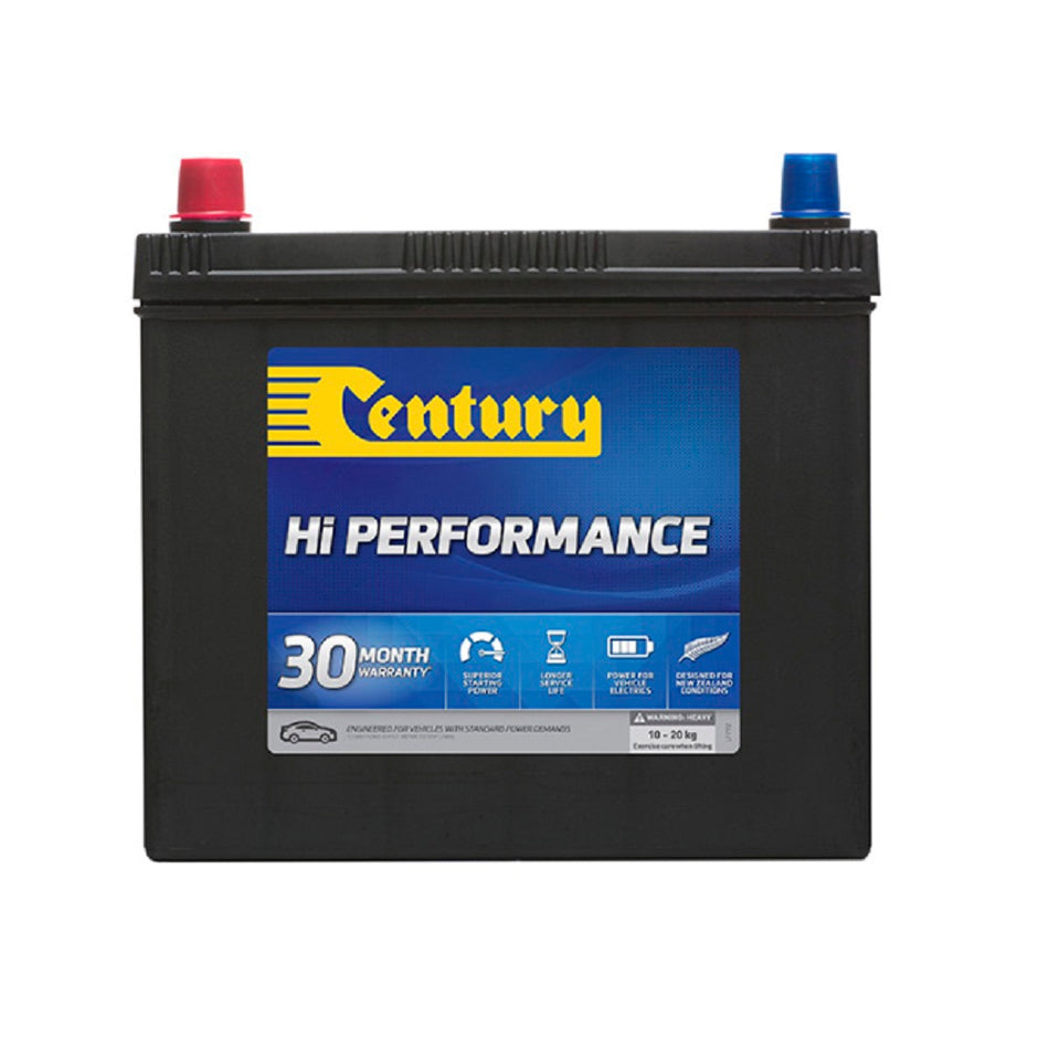 Century Battery Automotive CAL 12V 400CCA-NS60SMF. Front view of black battery with yellow Century logo on blue label on front.