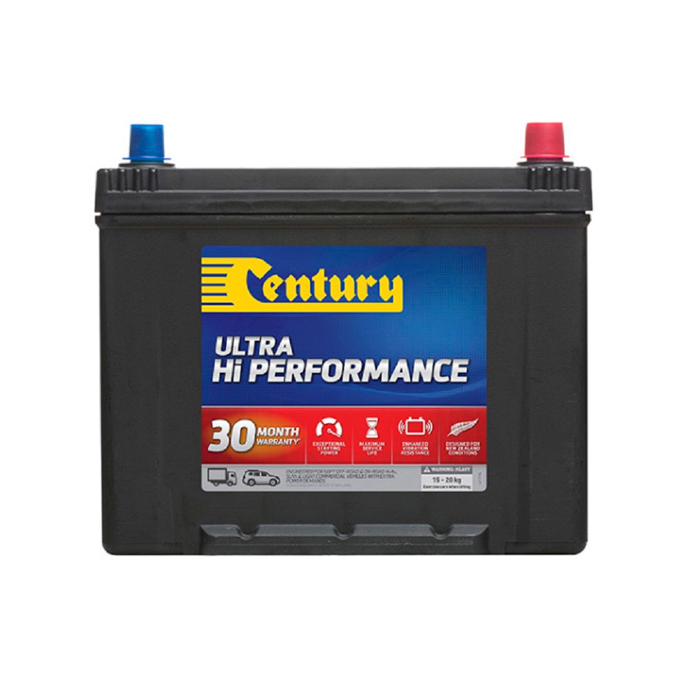 Century Battery Commercial CAL 12V 680CCA-NS70LXMF. Front view of black battery with yellow Century logo on blue and red label on front.